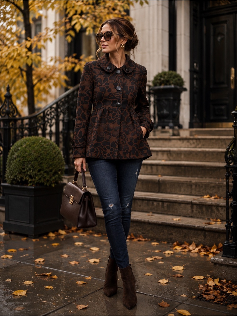 mac & jac Black Floral Patterned Brown Babydoll Blazer